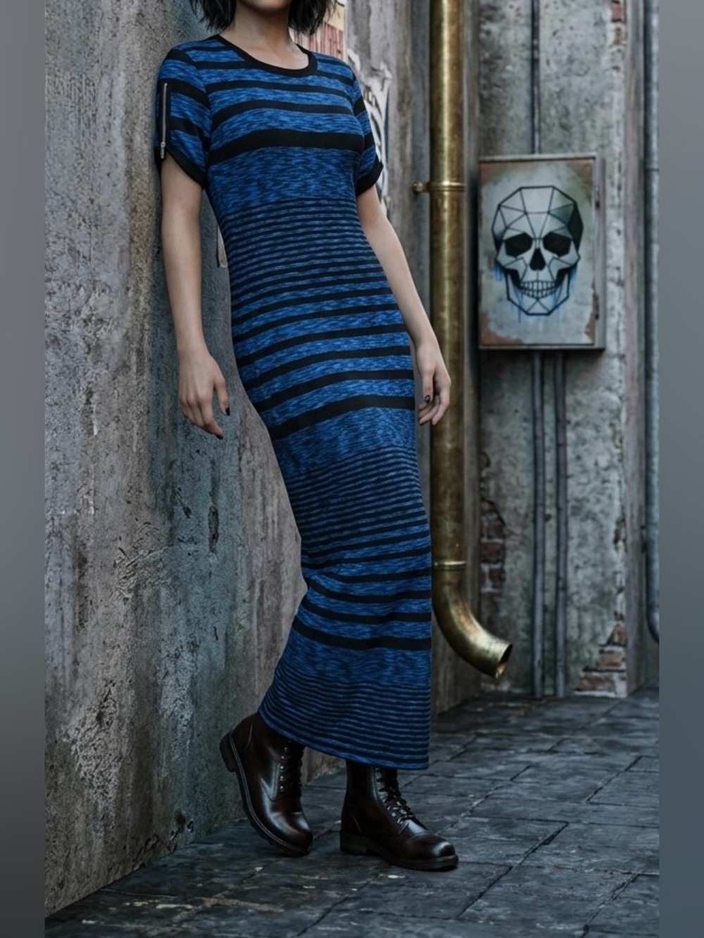 Michael Kors Blue Black Striped Space Dye Knit Maxi Dress M Zipper Sleeve